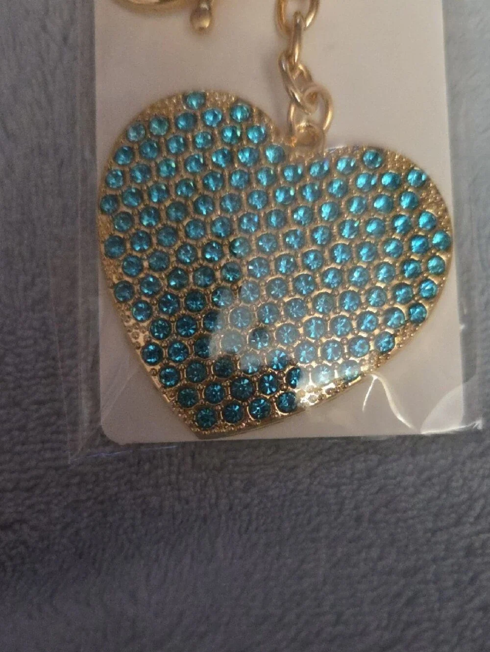 Gold Keychain with Blue Crystal Heart Charm NWOT